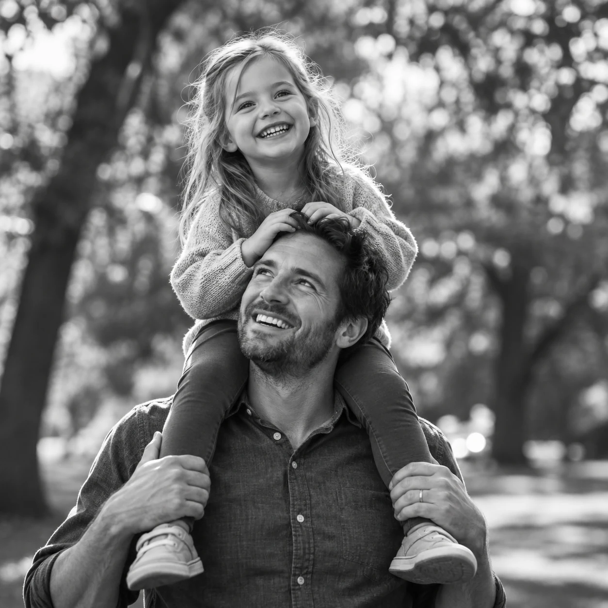 A father holding his smiling daughter.