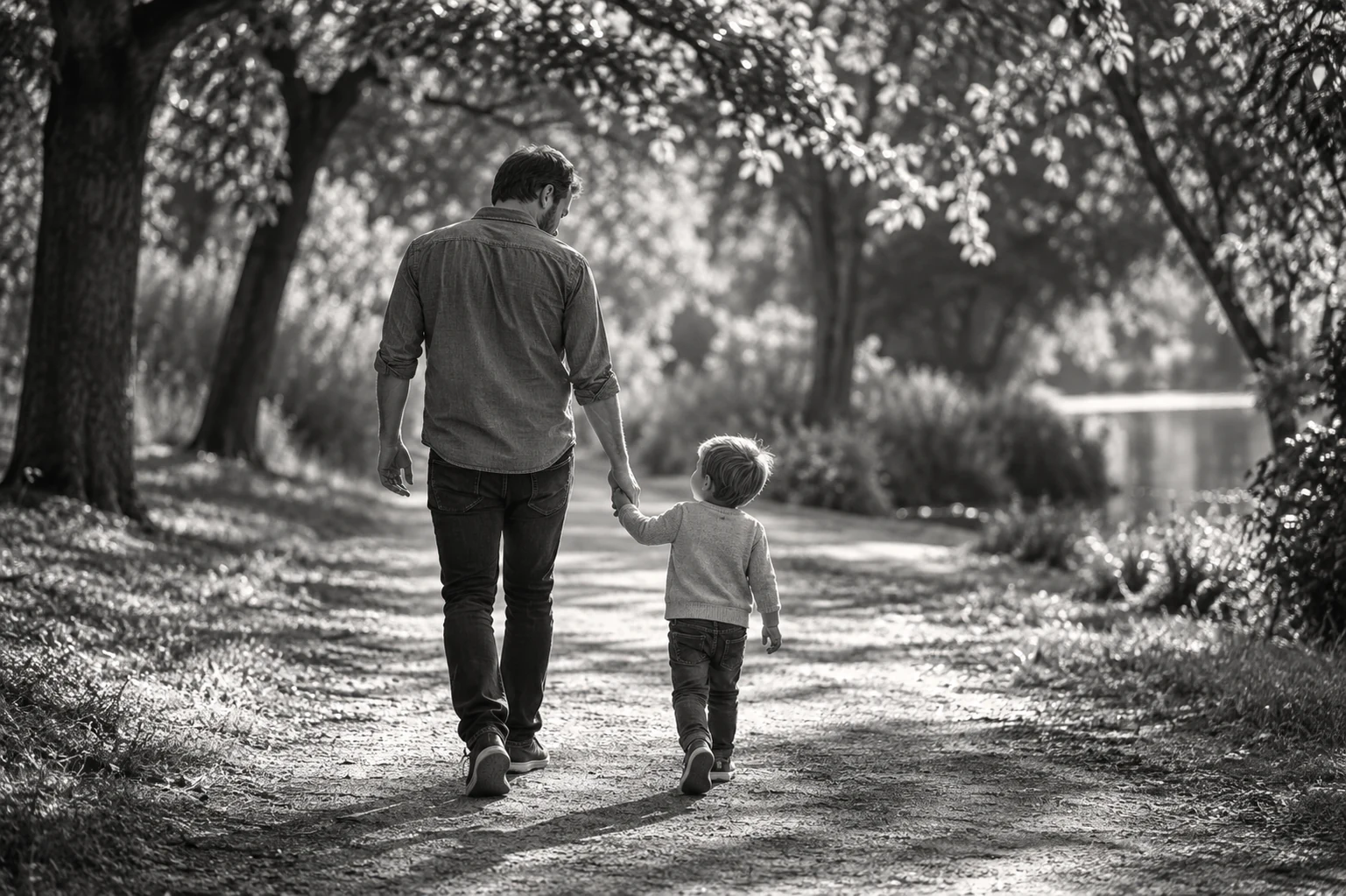 A parent and child walking outdoors.