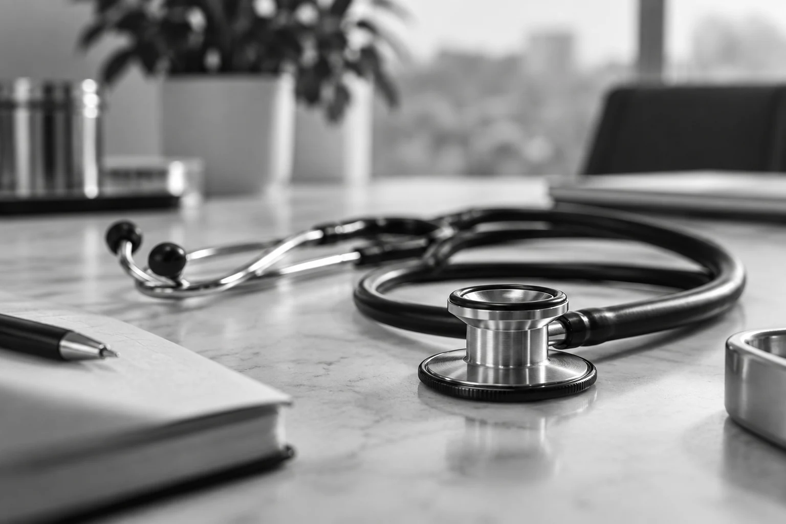 Stethoscope resting on a desk.