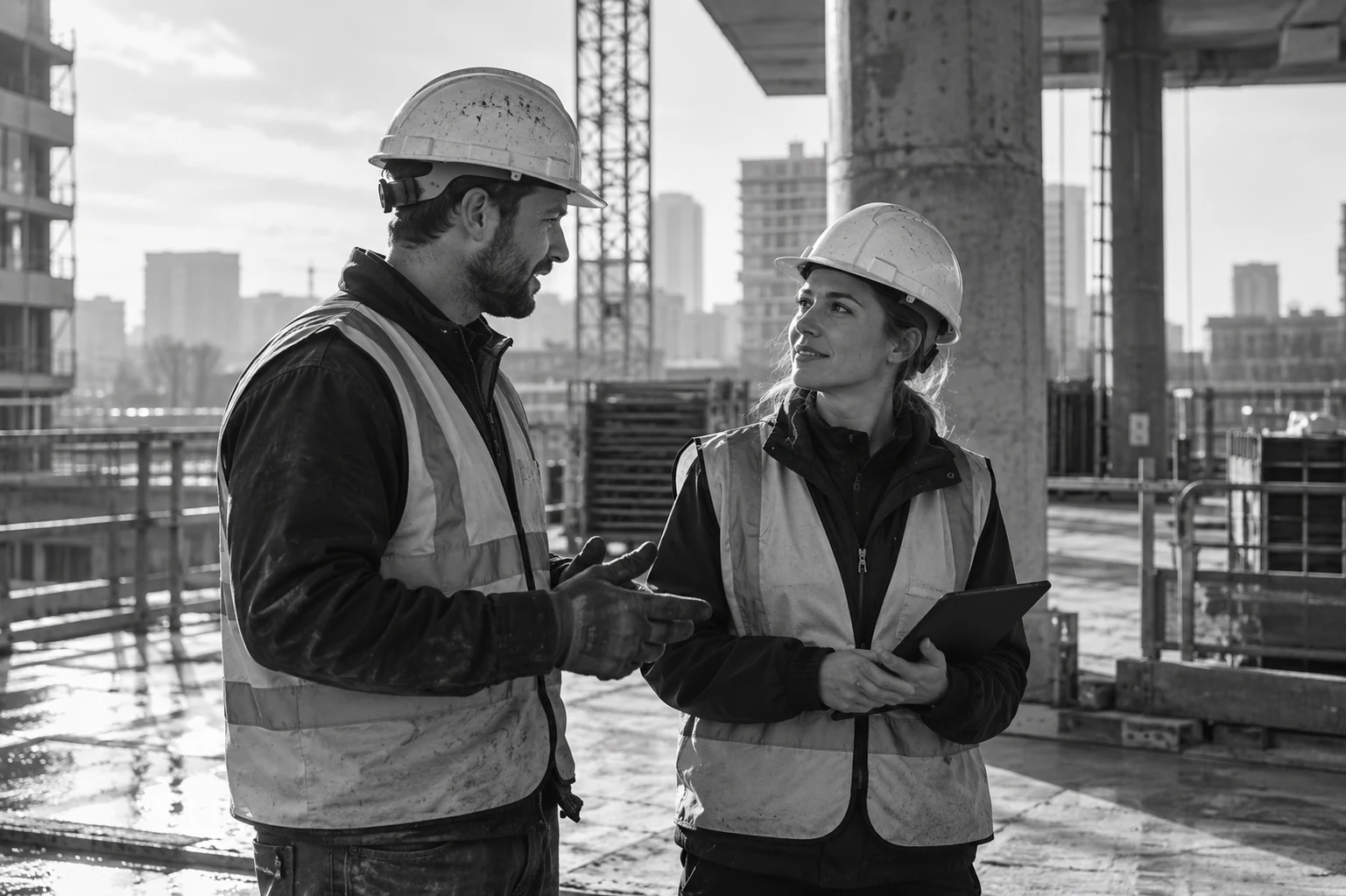 Construction colleagues wearing hard hats.