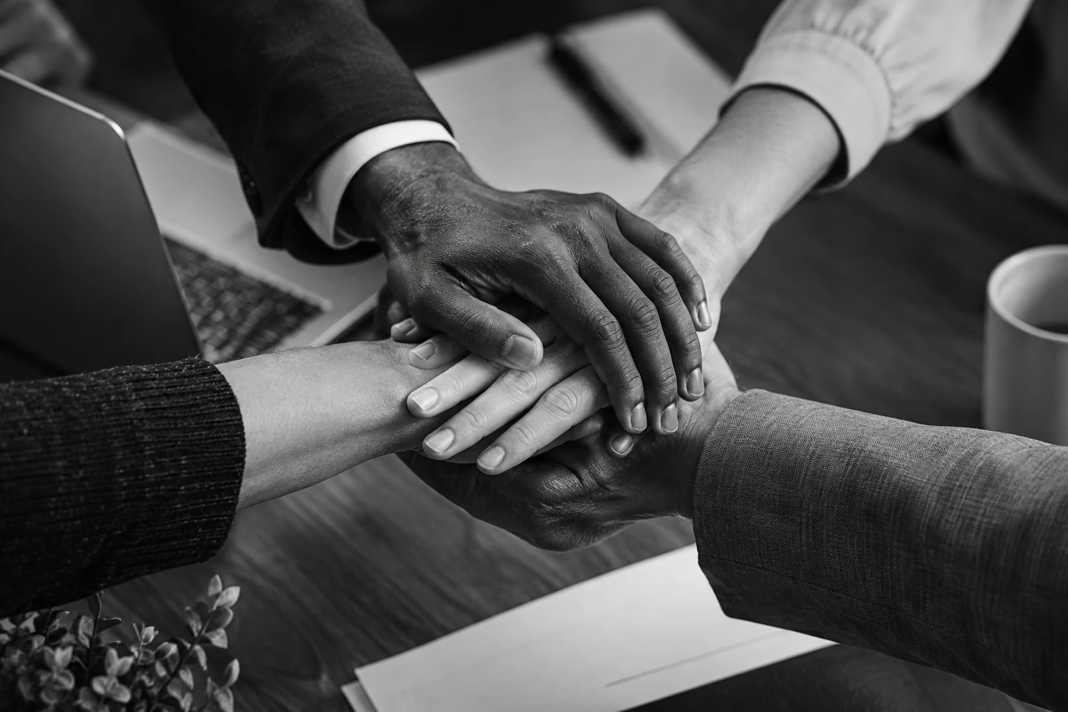 Colleagues stacking their hands together.